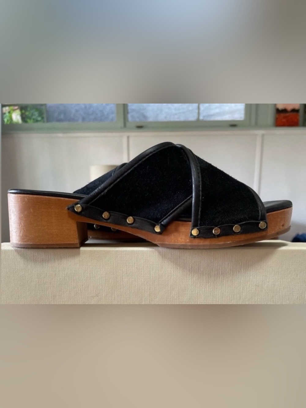 M Gemi black suede clog, wooden platform soul, 6.5